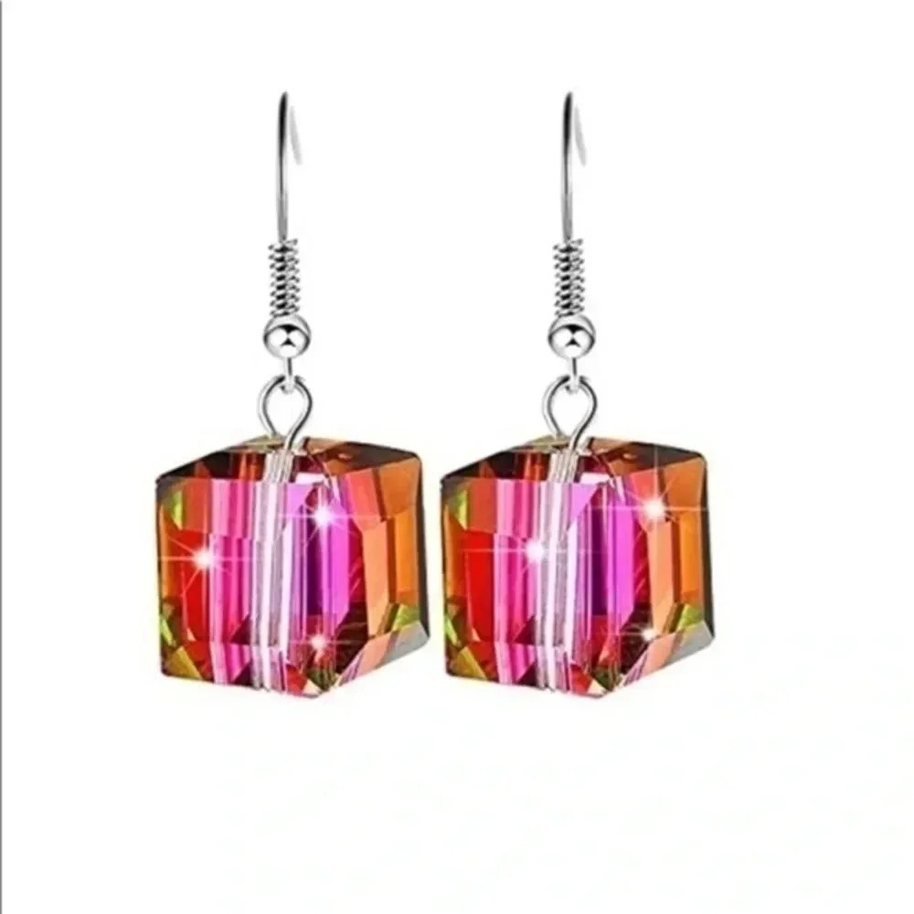 Aurora Borealis Pink Crystal Cube Drop Earrings NWT